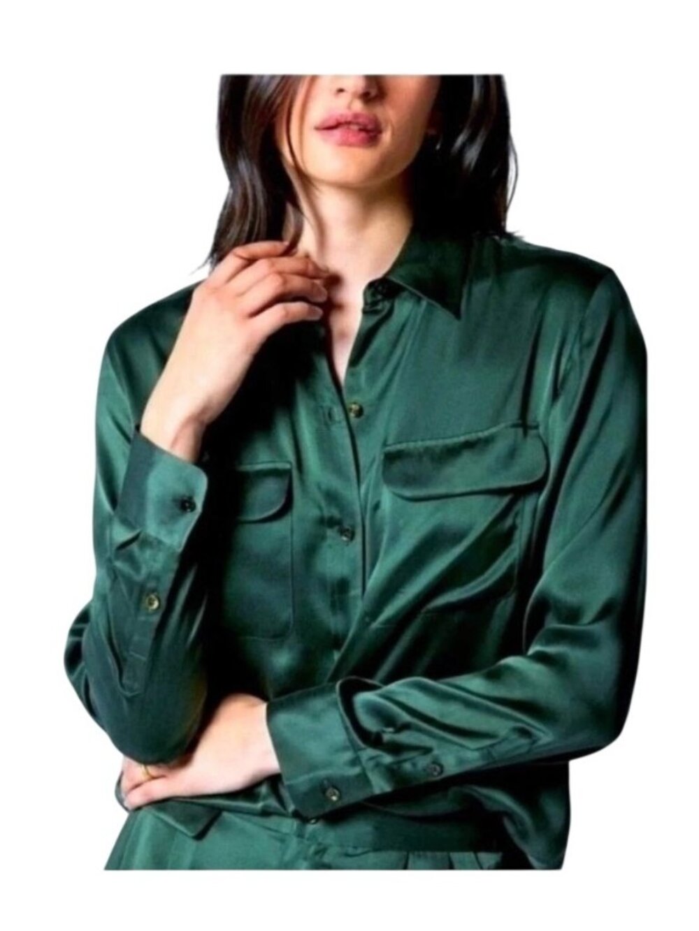 Equipment Deep Green jewel toned Satin Button-Up Shirt With Front Pockets Size M